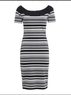 Michael Kors Striped Off-Shoulder Pique Knit Midi Dress Navy/White Size Large